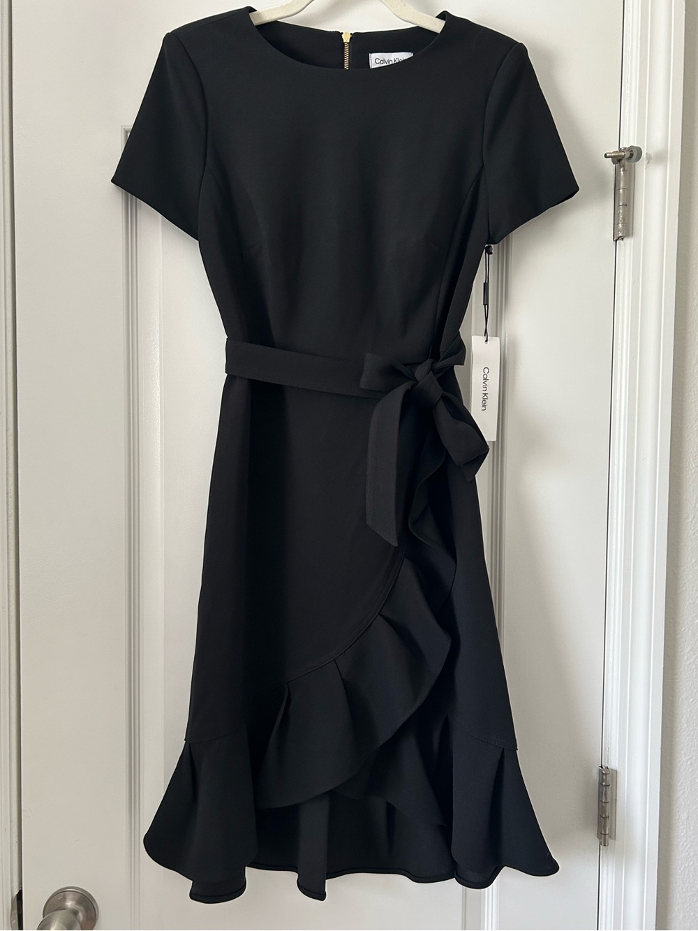 Calvin Klein Black Ruffle Tulip Hem Short Sleeve Self Tie Belted Crepe Dress
